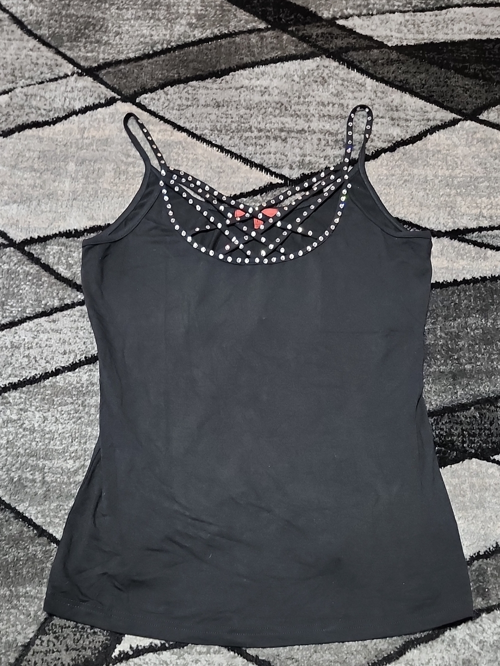 RED BY BKE BLACK SPAGHETTI CRISSCROSS EMBELLISHED RHINESTONES TANK-TOP